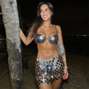 the SEQUIN - Women's Punk Sequins Metal Chain Hollow Out Mini Skirt