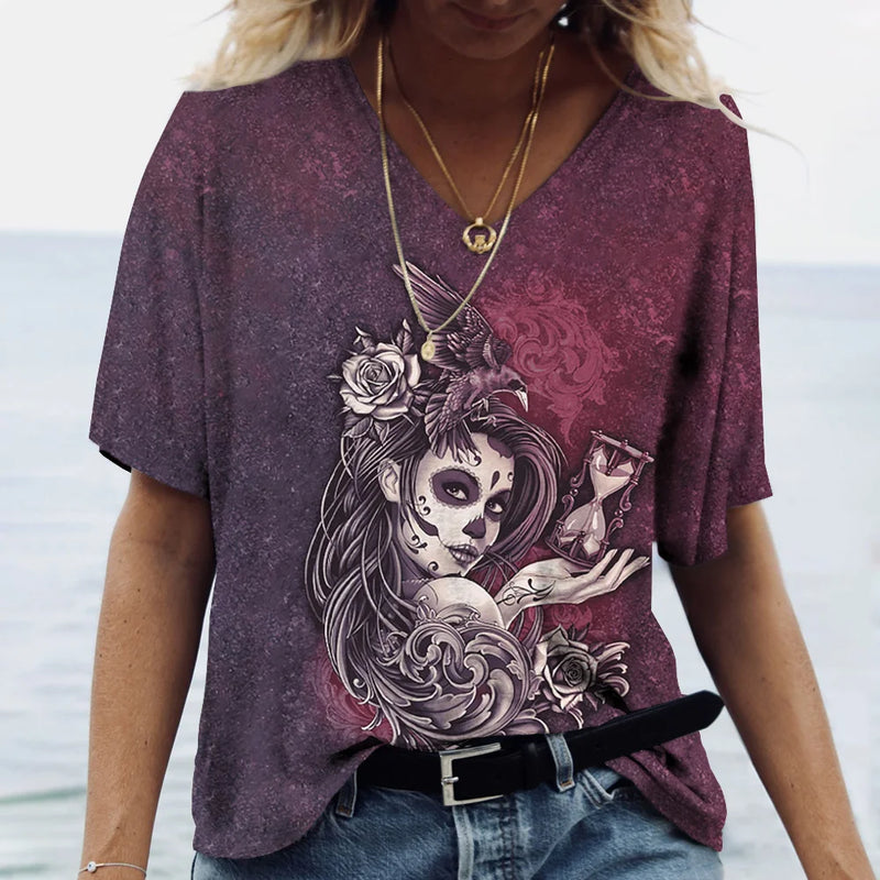 2023 Vintage Skull Face Women's T Shirt Tops V Neck Casual Cotton Short Sleeve Pullover Summer Female Harajuku Punk Streetwear