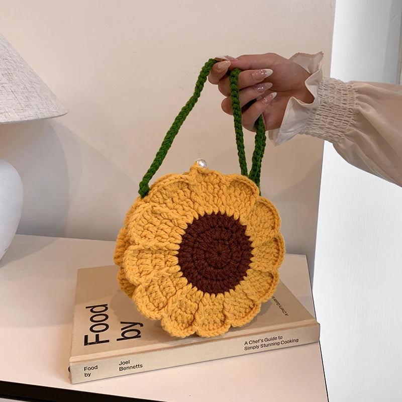 the KNITTED FLOWER - New Fashion Sunflower Pattern Women's Mini Knitted Handbag, Female Woven Shopper Purse, Lovely Design Chain Shoulder Crossbody Bag