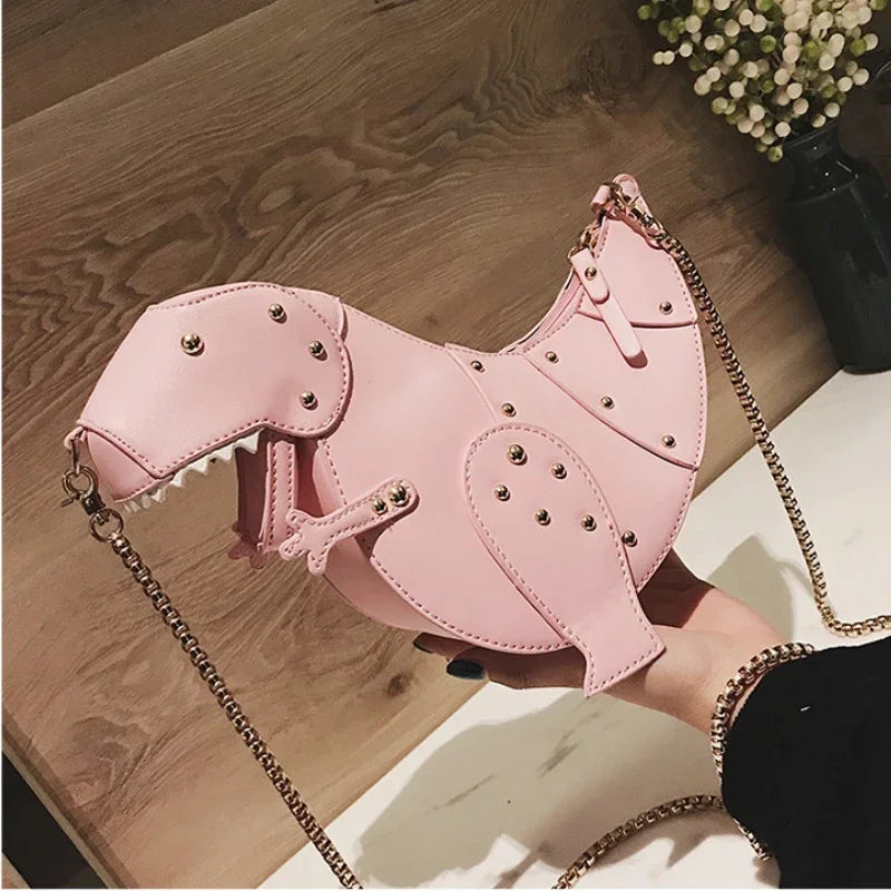 the DINO-MYTE - Trend Fashion 3D Dinosaur Design Rivets PU Leather Chain Purse, Shoulder Bag Tote, Crossbody Mini Messenger Bag