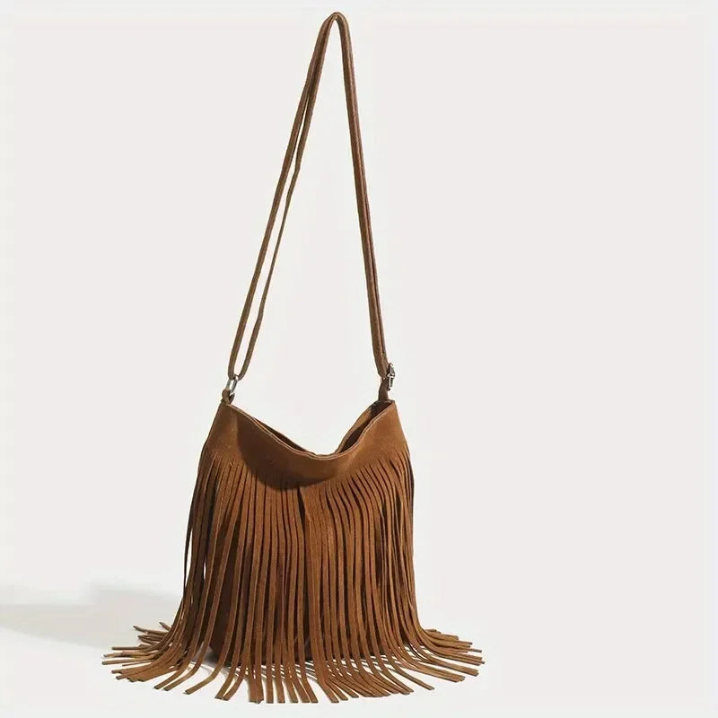 the TASSEL BOHO - Boho Style Fringe Crossbody Bag, Vintage Suede Shoulder Bag, Women's Large Capacity Casual Fringe Postman Shoulder Bag