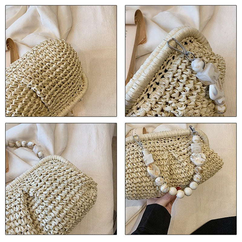 the BEAN BAG BOHO - Women Straw Crossbody Bag Clutch Purse, Weaving Shoulder Bag, Versatile Small Beading Handbag, Rattan Boho Summer Beach Woven Bag