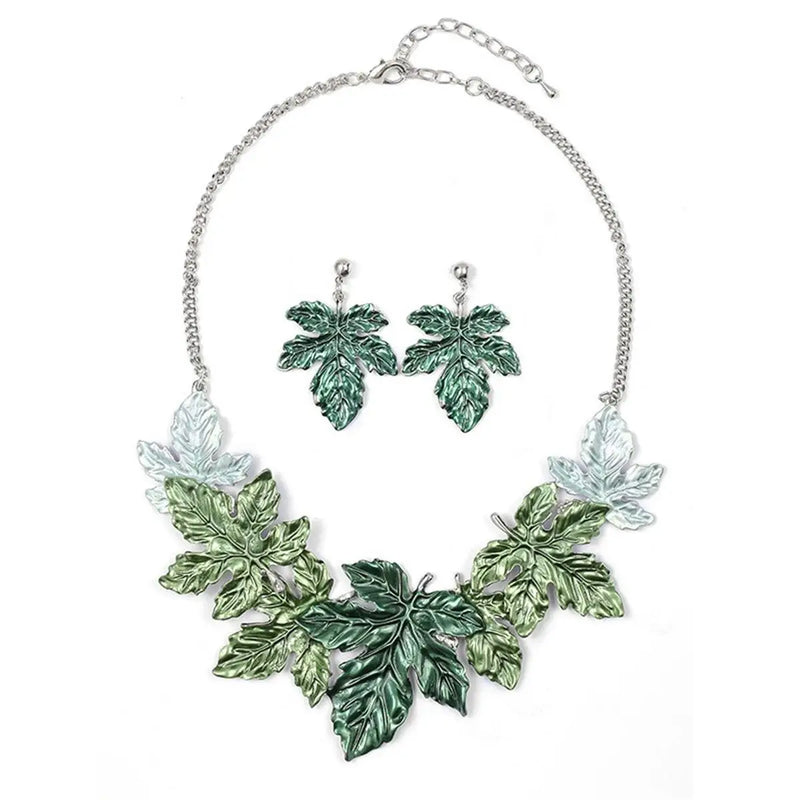 the MAPLE LEAF - Green Maple Leaf Alloy Necklace Set, Jewelry Exaggerated Leaf Necklace/Earrings