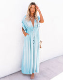 the BEACH BOHO - Summer Long Bikini Cover Ups Solid V-Neck Kimono Beach Lace Up Anti-Sun Swim Bohemian Sarong Dress for Women