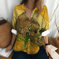 Women's Long Sleeved Shirt Van Gogh's Oil Painting Print Sunflower Pattern Clothing Loose Lapel Top Women's Party Fashion Shirt