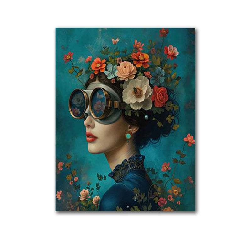 the BOHO BEAUTY - Nordic Boho Fashion Glasses Woman with Flowers Wall Art, Canvas Painting Butterfly with Girl Portrait Poster Prints Mural Picture