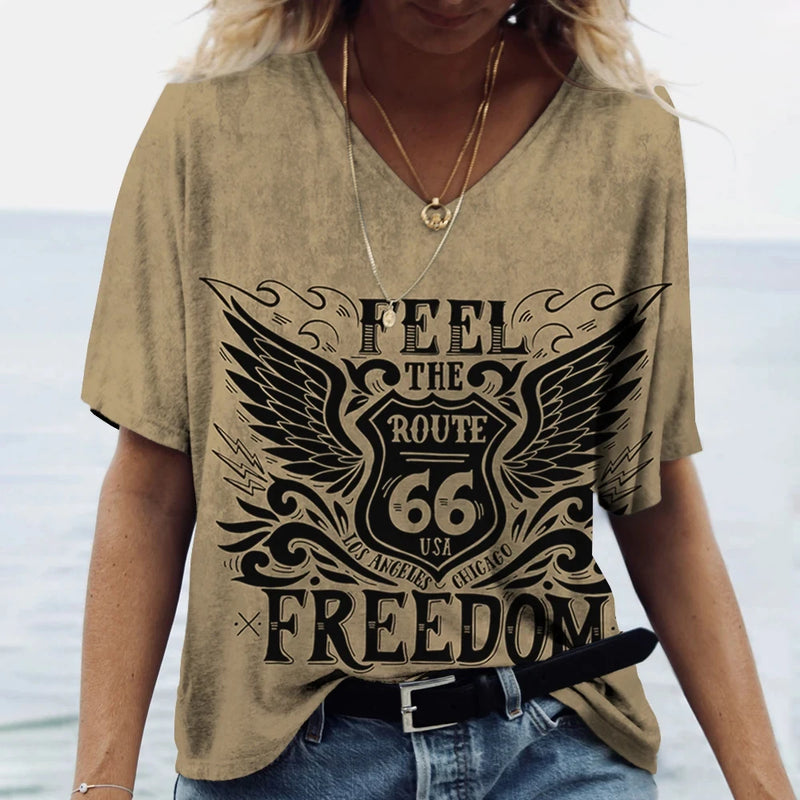 Hot US Route 66 Pattern 3D Print Women's V-Neck T-shirts Casual Lady Short Sleeve Oversized Pullover Fashion Tops Women Clothes