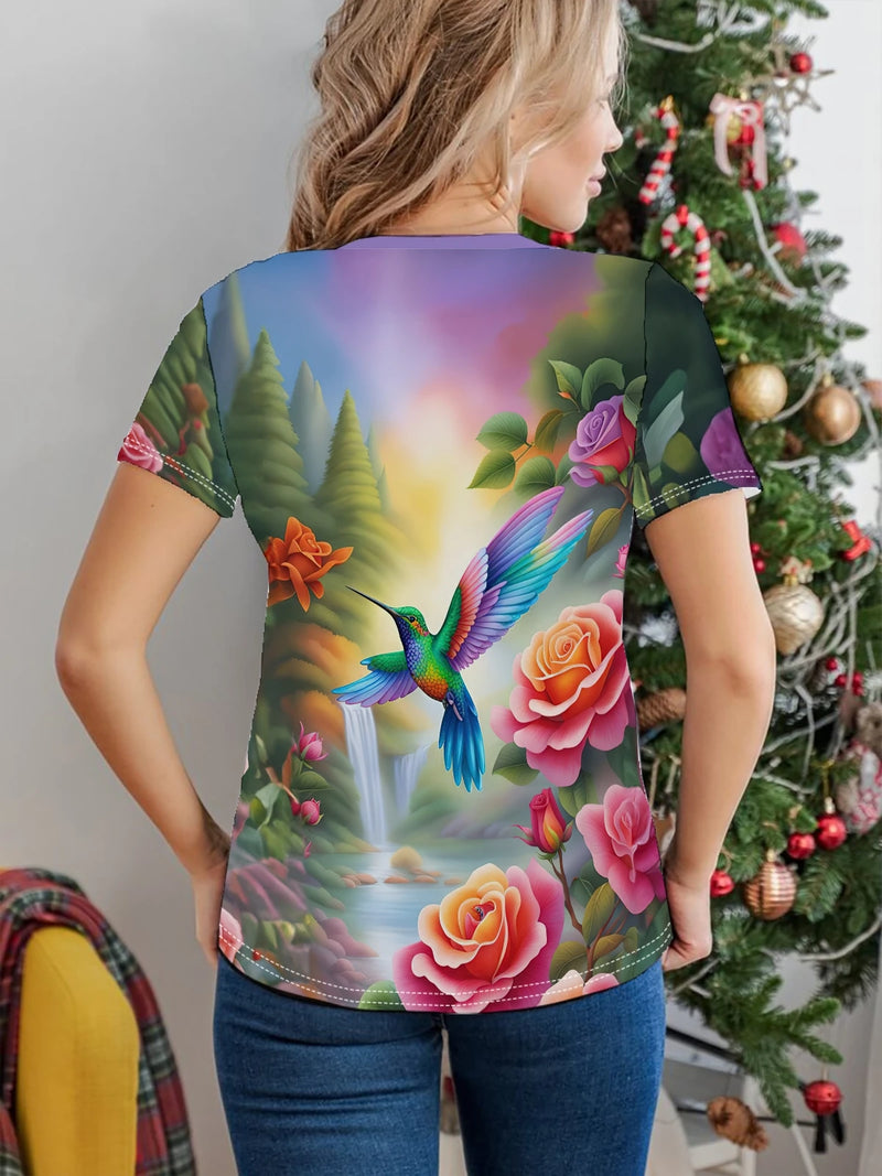 Hummingbird Print T-shirt, Casual Crew Neck Short Sleeve Top For Spring & Summer, Women's Clothing