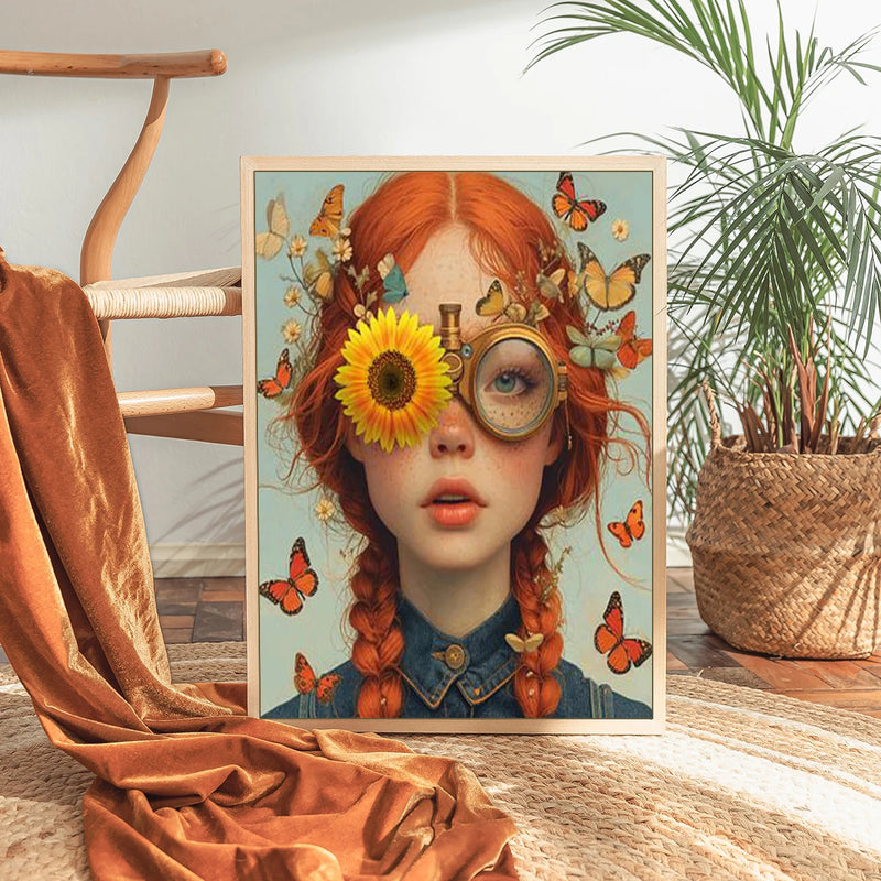 the BOHO BEAUTY - Nordic Boho Fashion Glasses Woman with Flowers Wall Art, Canvas Painting Butterfly with Girl Portrait Poster Prints Mural Picture