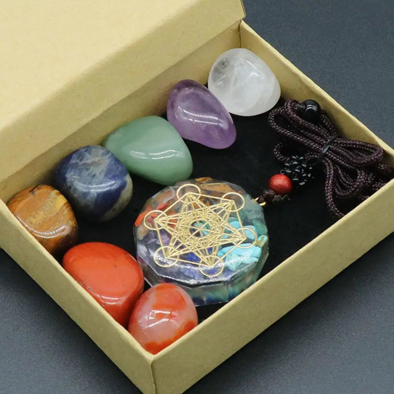 the CRYSTAL CHAKRAS - Natural Crystal Chakras Kit, Amethyst Stone Healing Meditation Reiki 7 Chakra Yoga Stone Set, Collection Gifts Spiritual Necklace