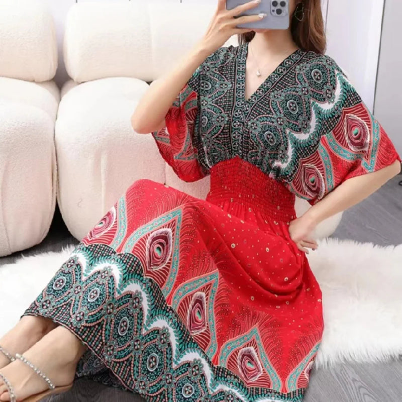 Casual Elegant Retro Bohemian National Style V-neck Elastic  Waist Large Swing Printed Summer Long Skirt Woman Dress Clothes