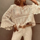 the CROCHET BOHO - Spring/Summer Lace Crochet Hollow Out Beach Bohemian Cover Up Long Sleeve Knitted Tops