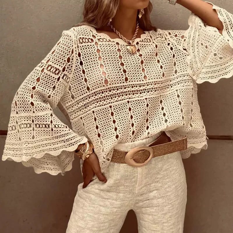 Spring Summer Lace Crochet Women's White Shirts 2024 New Hollow Out Beach Bohemian Cover Up Tees Female Long Sleeve Knitted Tops