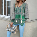 the BAGGY BOHO - Boho Floral Blouse V-Neck Tassel Long Sleeve Bohemian Summer Fashion Shirt for Women