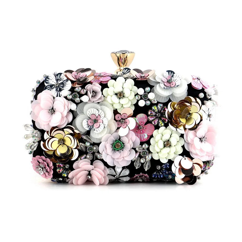 the FLOWER SHOP - Fashion Women Bags, Flower Diamonds Embroidery Small Clutch, Luxury Lady Handbags, Evening Bags, New Arrival Chain Shoulder Purse