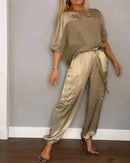 the CLASSY BOHO - Elegant Smooth Satin Set Smooth Half Sleeve Shirt Casual Pants Two-Piece Set for Women