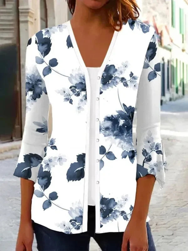 the VINTAGE BOHO - Women's Spring/Autumn Vintage Floral Print Knitted Cardigan Fashion Elegant V-Neck 3/4 Sleeve Tunic Sweater Coats