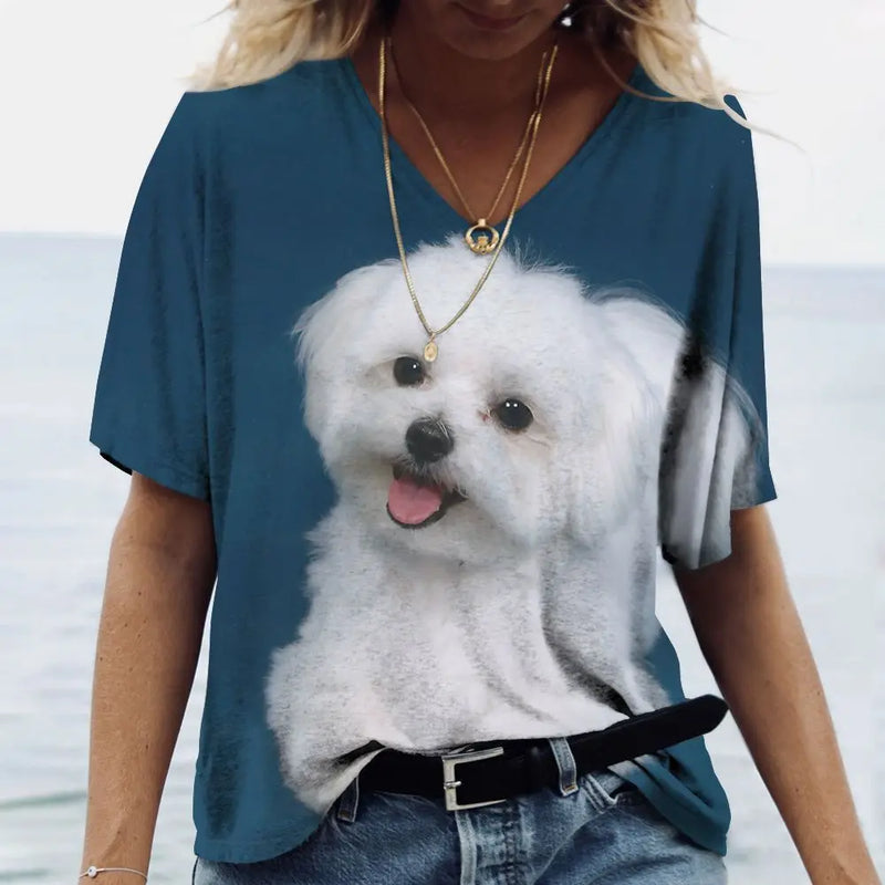 Summer New Women's V-neck Top Short Sleeve T-shirts 3D Cute Dog Print Casual Lovely Harajuku Versatile Y2K Clothes European Size