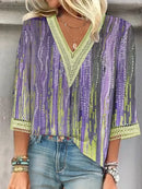 the RAINDROP - Women's Vintage Print Hollow Lace Patchwork Elegant Spring/Summer Trendy Casual V-Neck 3/4 Sleeve Loose Blouse Tops