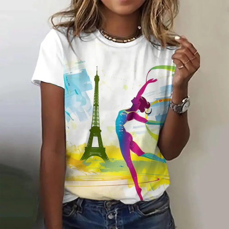 Summer Paris Eiffel Tower 3D Print T-shirts Women Streetwear Casual Fashion Y2k Short Sleeve T Shirt O-neck Tees Tops Clothing