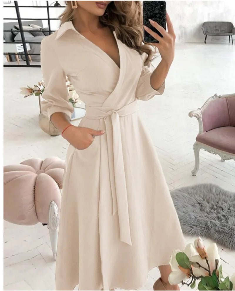 Women V-Neck Dress Spring And Summer New Fashion Three Quarter Sleeve Printed Women's Dress With Waist Tie Up Polo Long Dress