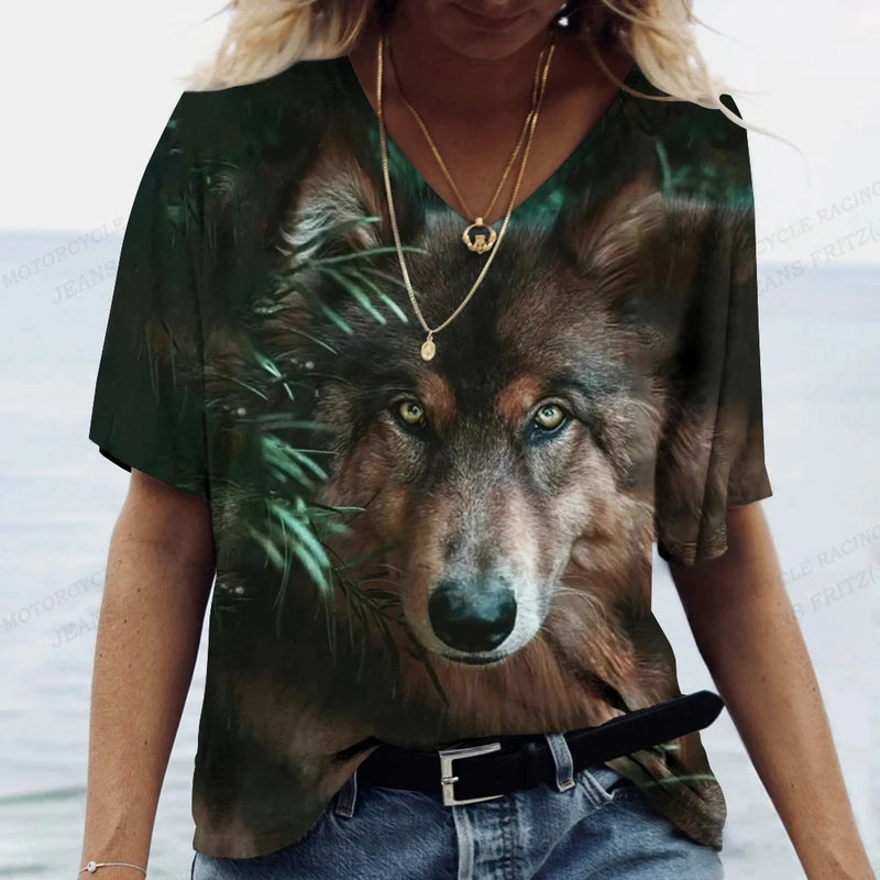 Women's T-shirts Animal Wolf 3d Print Tshirt Women Fashion T-shirt V-Neck Graphic T Shirts Women's Clothing Female Tops Summer