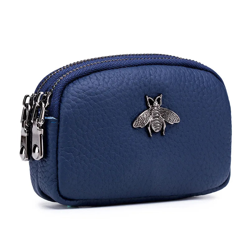 the BEE BAG - Women Cowhide Double Zipper Portable Wallets, Bag Bee Card Hoder Lipstick Case Leather Mini Earphone Coin Purse