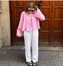 the BOHO TIE - Female Street Tops Linen Lace Up Long Sleeve Fashion Chic Casual Loose V-Neck Shirt