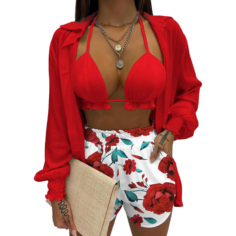 2024 Bohemia Beach Summer Women Clothing Outfits Fashion Spring Sling Tops Long Shirt Short Pants 3 Pcs Sets