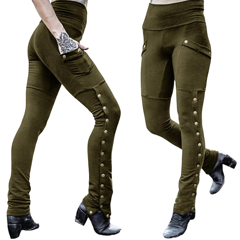 Pants Costumes for Women Medieval Gothic Steampunk Rivet Split Leg Pants Elastic Pocket Pencil Pants Female Clothes