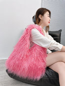 the SHAGGY - Women's Wool Plush Shoulder Bags, Hot Girls Faux Fur Drawstring Bucket Bag, Fashion Female Furry Purse Tote Handbags