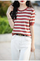 the CASHMERE - Sweater Short Sleeved Striped Sweater Pullover Knitted Cashmere Sweater for Women