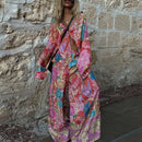 the AMARYLLIS - Bohemia Print Shirt/Pants Sets Lapel Long Sleeve Single Breasted Shirts High Waist Wide Leg Trouser