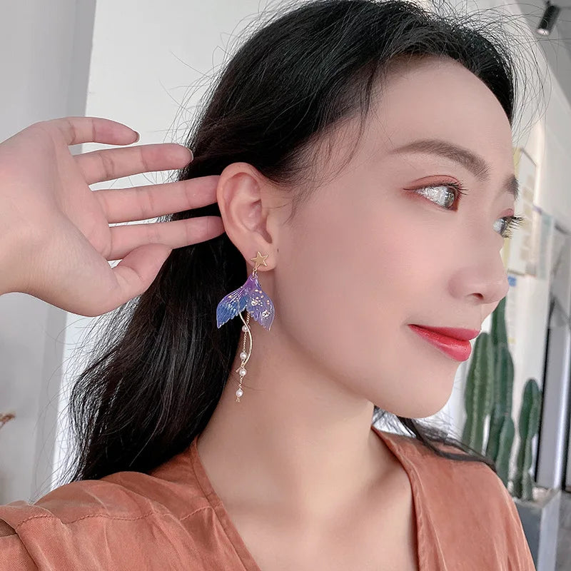 the MER-TAIL - Fishtail Imitation Pearl Tassel Earrings for Women, Fashion Butterfly Wing Heart Asymmetry Sweet Earring Party Jewelry