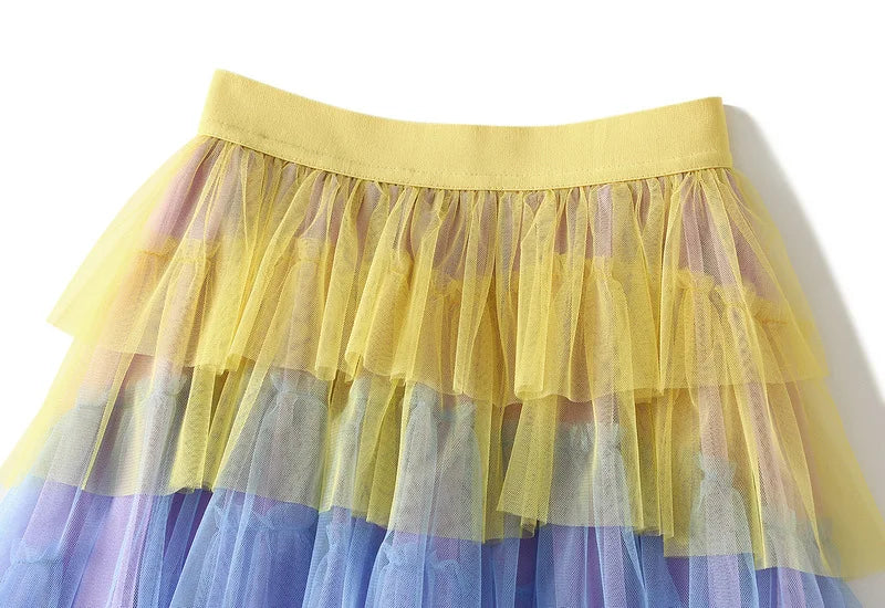 Women's Tulle Skirt Ruffle Multilayer Mesh A Line Tier Tutu Prom  Irregular High Waisted Gradient Rainbow TulleLong Skirt