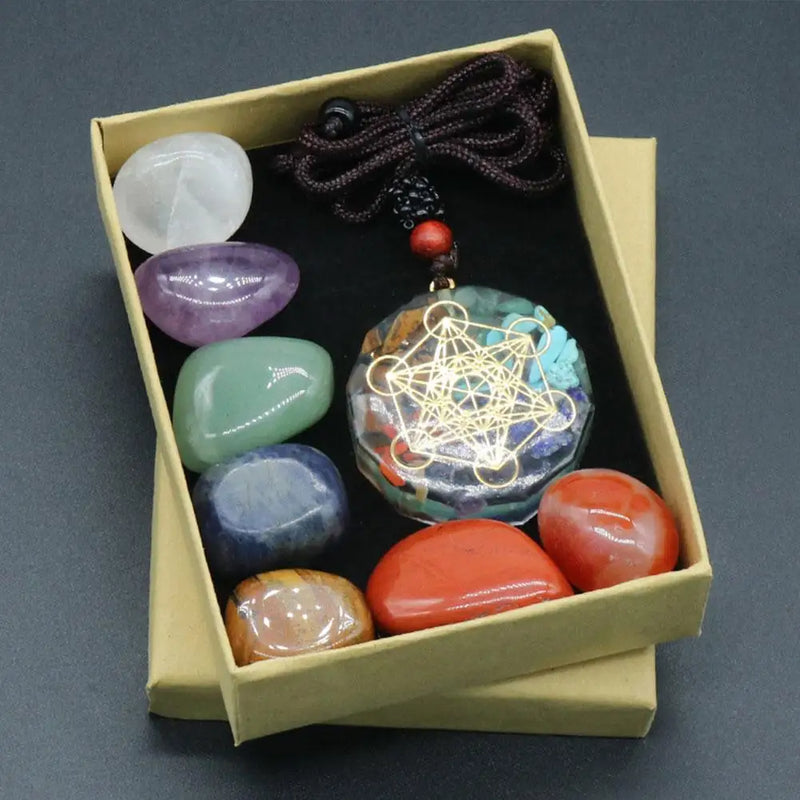 the CRYSTAL CHAKRAS - Natural Crystal Chakras Kit, Amethyst Stone Healing Meditation Reiki 7 Chakra Yoga Stone Set, Collection Gifts Spiritual Necklace