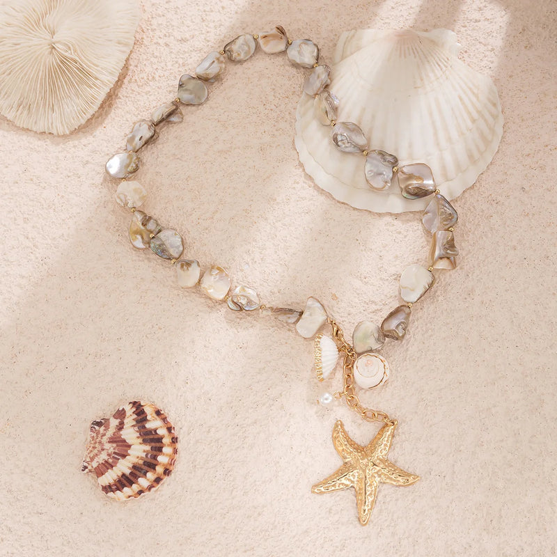 the BEACH COMBER - Retro Starfish White Shell Conch Pendant Necklace, Women Simple Creative Colorful Stones Hand Woven Beach Jewelry