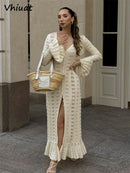 the SWEATER DRESS - Knitted Long Sleeve Casual Long Flare Chic Slim Hollow Out Dress