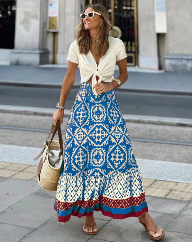 boho print maxi skirt women fashion high waist 3D printting long dress casual loose summer high waist skirts for women 2024