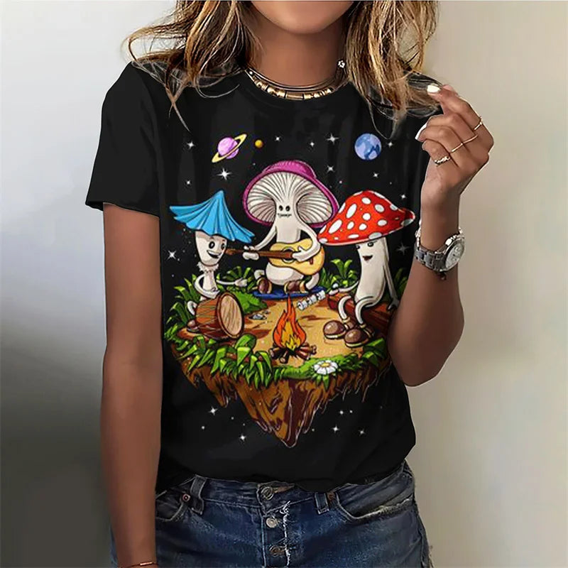 3D Printed Funny Mushroom T-Shirt For Women Plant Pattern Tees Summer Casual O-Neck Tops Short Sleeves Loose T Shirts Streetwear