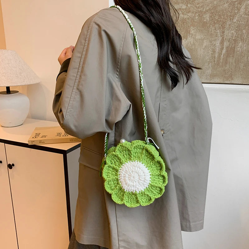 the KNITTED FLOWER - New Fashion Sunflower Pattern Women's Mini Knitted Handbag, Female Woven Shopper Purse, Lovely Design Chain Shoulder Crossbody Bag