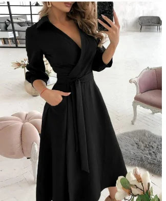 Women V-Neck Dress Spring And Summer New Fashion Three Quarter Sleeve Printed Women's Dress With Waist Tie Up Polo Long Dress