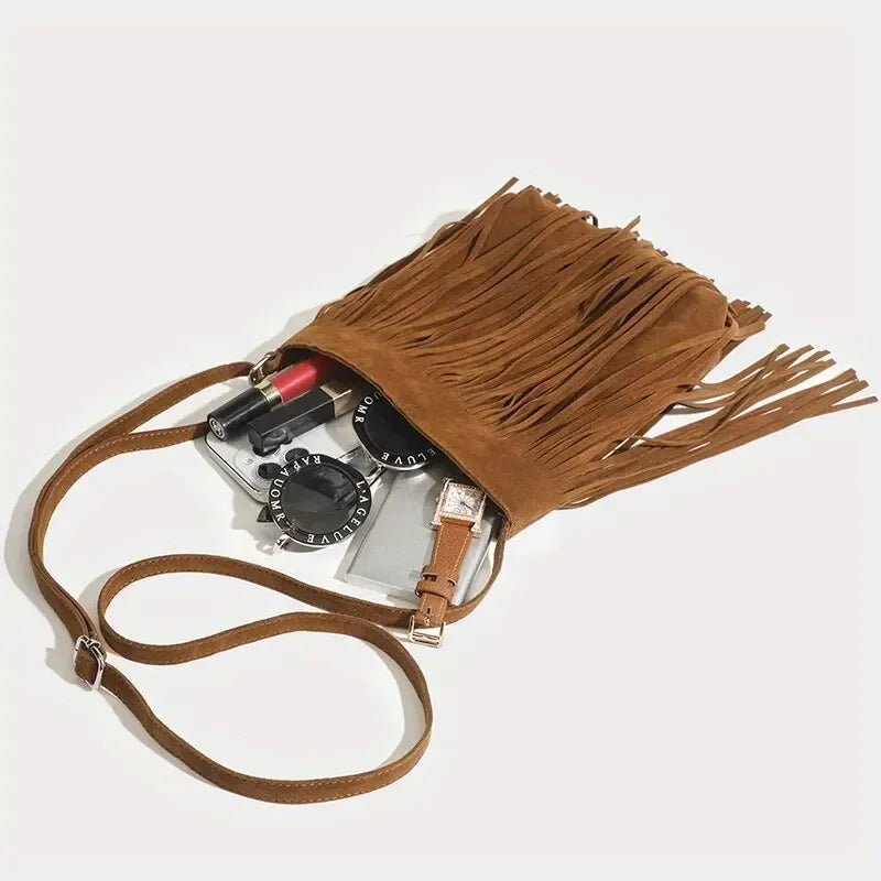 the TASSEL BOHO - Boho Style Fringe Crossbody Bag, Vintage Suede Shoulder Bag, Women's Large Capacity Casual Fringe Postman Shoulder Bag