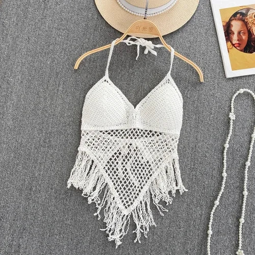 Knitted Tassels Hollow Out Tanks Camis for Women Bohemia Style Hault Sleeveless Sexy Femme Corset Crop Tops Beach Tank Camisoles