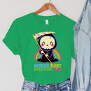 the SPOILER ALERT - Cartoon Rainbow Spoiler Alert Everyone Dies Print Vintage Reaper Sickle T-Shirts for Women