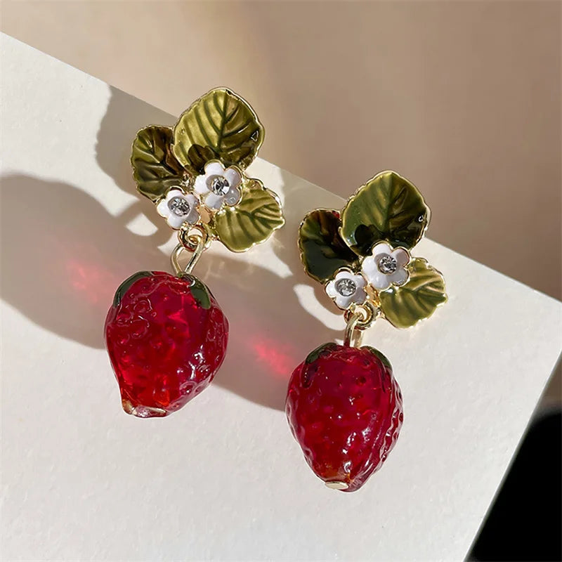 the STRAWBERRY FIELDS - Delicate Red Strawberry Flower Drop Earrings for Women, 3D Simulated Fruit Green Leaves Earrings