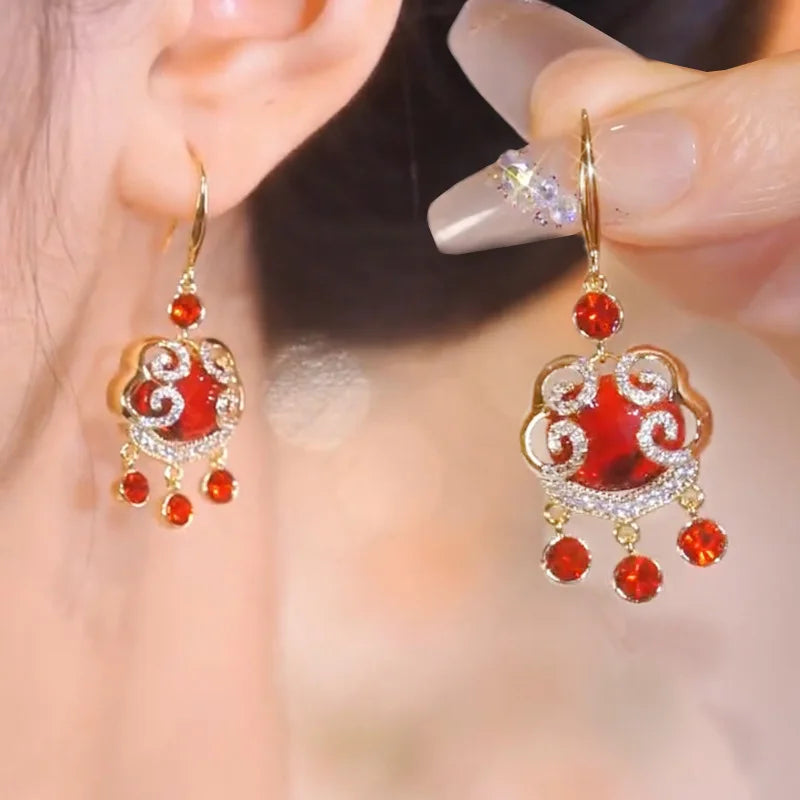 the CHINESE NEW YEAR - Chinese Style Red Life Luck Festive Metal Tassel Earrings for Women, Fashion Design Eardrop Party Jewelry Gift Accessories