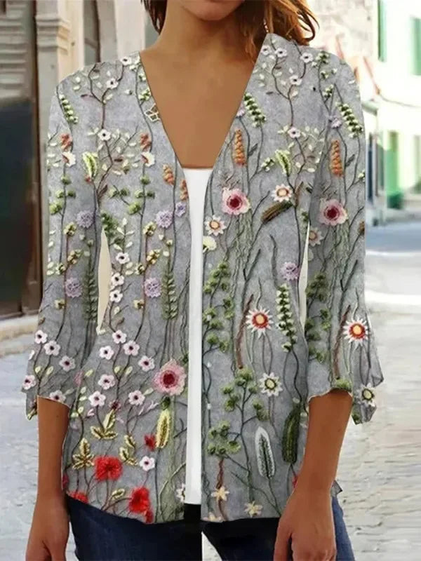 the VINTAGE BOHO - Women's Spring/Autumn Vintage Floral Print Knitted Cardigan Fashion Elegant V-Neck 3/4 Sleeve Tunic Sweater Coats