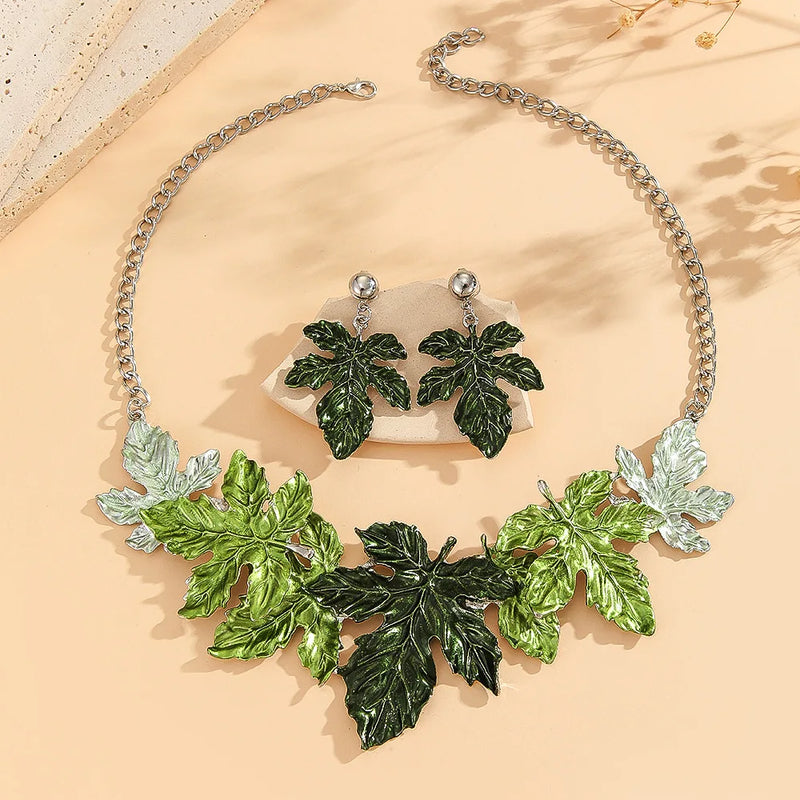 the MAPLE LEAF - Green Maple Leaf Alloy Necklace Set, Jewelry Exaggerated Leaf Necklace/Earrings