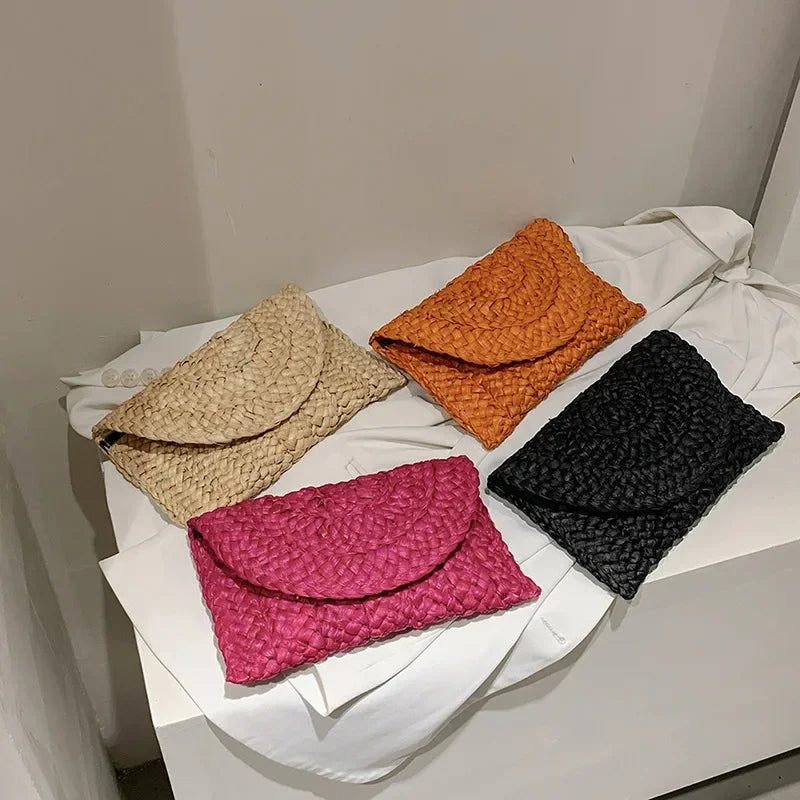 the LETTER BAG - Fashionable Corn Husk Straw Bags, Hand-Woven Women Clutch, Envelope Handbag Long Purse for Female, Summer Beach Bag